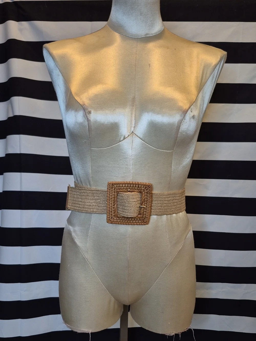 Two Boho Woven Straw Circle And Square Buckle Waist Belt - Natural Brown